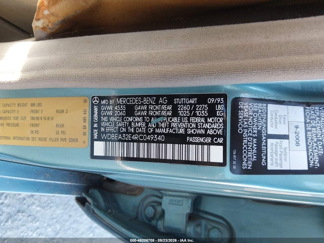 46206708 :رقم المزاد ، WDBEA32E4RC049340 vin ، 1994 Mercedes-benz E 320 مزاد بيع