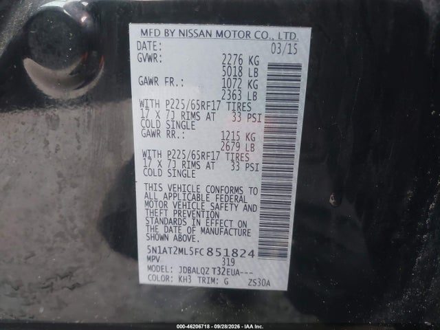 Продажа на аукционе авто 2015 Nissan Rogue Sv, vin: 5N1AT2ML5FC851824, номер лота: 46206718