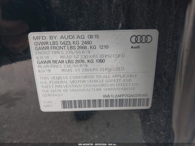 Продаж на аукціоні авто 2016 Audi Q5 2.0t Premium, vin: WA1L2AFP7GA039085, номер лоту: 46206755