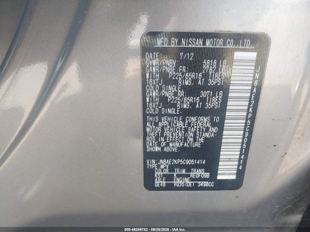 Продажа на аукционе авто 2012 Nissan Quest Sv, vin: JN8AE2KP5C9051414, номер лота: 46206782