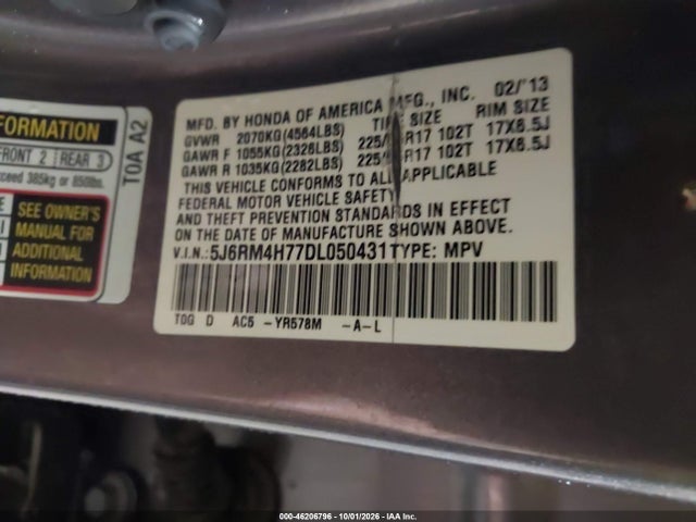46206796 :رقم المزاد ، 5J6RM4H77DL050431 vin ، 2013 Honda Cr-v Ex-l مزاد بيع