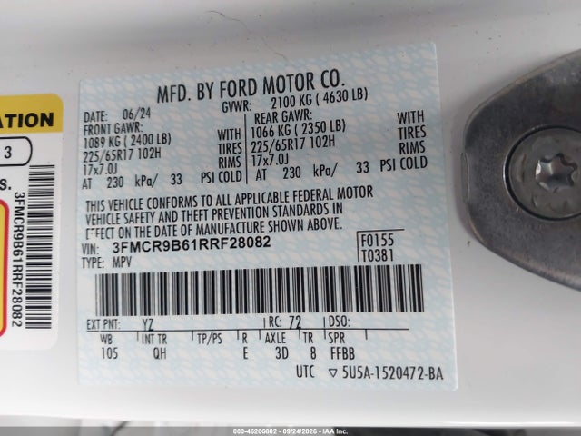 46206802 :رقم المزاد ، 3FMCR9B61RRF28082 vin ، 2024 Ford Bronco Sport Big Bend مزاد بيع