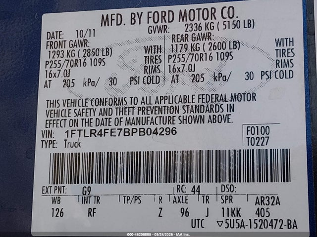 2011 Ford Ranger Sport მანქანა იყიდება აუქციონზე, vin: 1FTLR4FE7BPB04296, აუქციონის ნომერი: 46206805