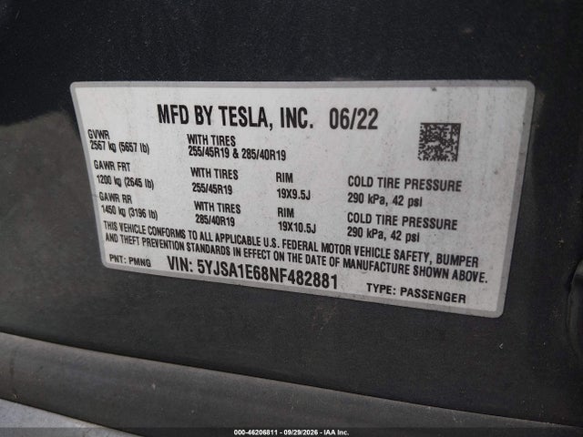 5YJSA1E68NF482881 Tesla Model S Plaid Tri Motor All-wheel Drive