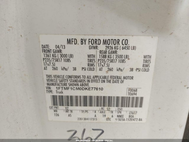 46206824 :رقم المزاد ، 1FTMF1CM0DKE77610 vin ، 2013 Ford F-150 Xl مزاد بيع