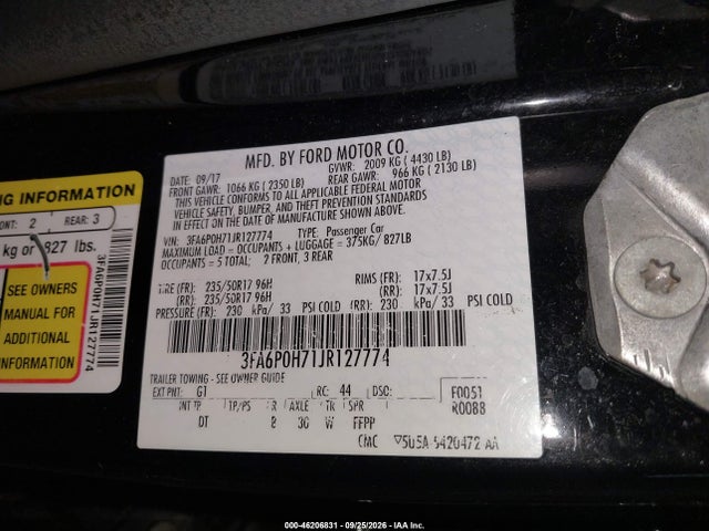 46206831 :رقم المزاد ، 3FA6P0H71JR127774 vin ، 2018 Ford Fusion Se مزاد بيع