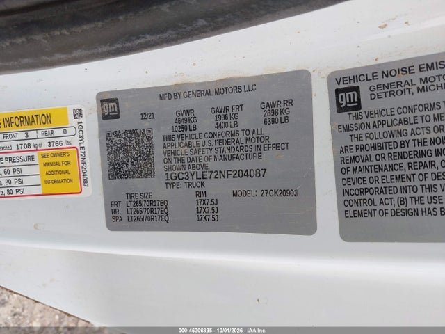 2022 Chevrolet Silverado 2500 Hd მანქანა იყიდება აუქციონზე, vin: 1GC3YLE72NF204087, აუქციონის ნომერი: 46206835