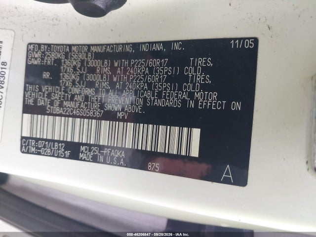Продажа на аукционе авто 2006 Toyota Sienna Xle Limited, vin: 5TDBA22C46S058367, номер лота: 46206847