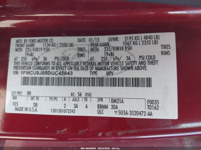 Auction sale of the 2013 Ford Escape Titanium, vin: 1FMCU9J95DUC45843, lot number: 46206849
