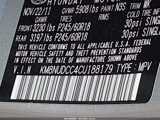 46206889 :رقم المزاد ، KM8NUDCC4CU188179 vin ، 2012 Hyundai Veracruz Limited مزاد بيع