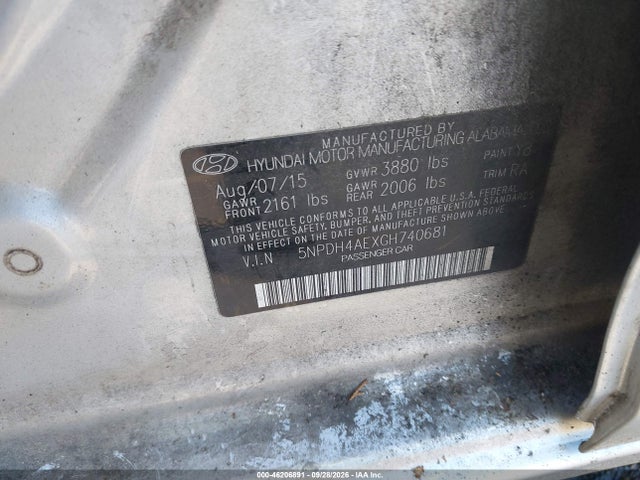 46206891 :رقم المزاد ، 5NPDH4AEXGH740681 vin ، 2016 Hyundai Elantra Se مزاد بيع