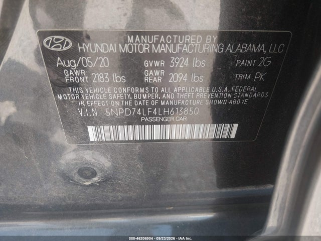 2020 Hyundai Elantra Se მანქანა იყიდება აუქციონზე, vin: 5NPD74LF4LH613850, აუქციონის ნომერი: 46206904