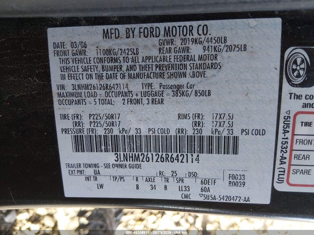 46206911 :رقم المزاد ، 3LNHM26126R642114 vin ، 2006 Lincoln Zephyr مزاد بيع
