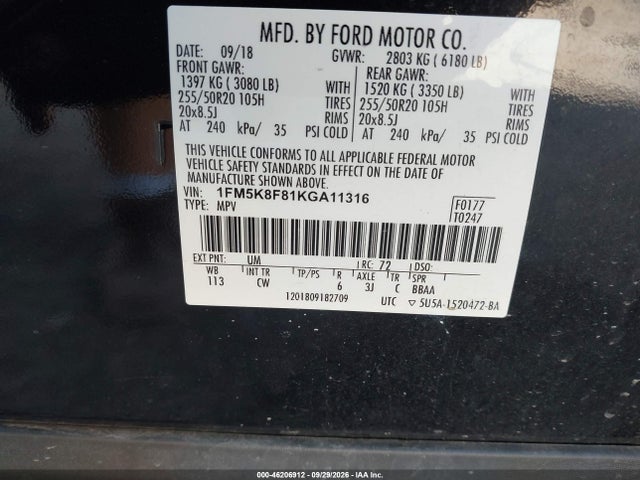 Aukcja sprzedaży 2019 Ford Explorer Limited, vin: 1FM5K8F81KGA11316, numer aukcji: 46206912