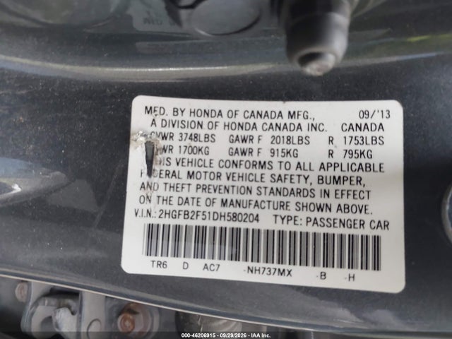 Продажа на аукционе авто 2013 Honda Civic Lx, vin: 2HGFB2F51DH580204, номер лота: 46206915