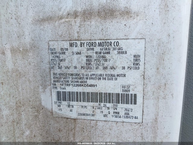 Продажа на аукционе авто 2008 Ford F-150 Stx/xl/xlt, vin: 1FTRF12268KD54891, номер лота: 46206929