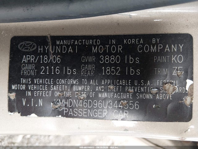 Продажа на аукционе авто 2006 Hyundai Elantra Gls/limited, vin: KMHDN46D96U344556, номер лота: 46206932