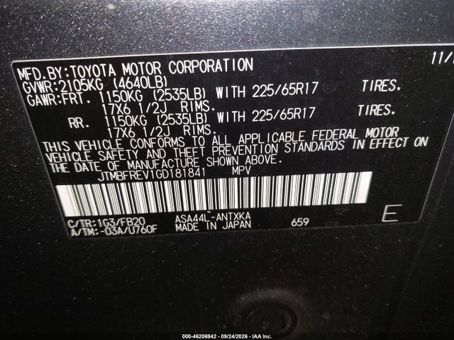 46206942 :رقم المزاد ، JTMBFREV1GD181841 vin ، 2016 Toyota Rav4 Le مزاد بيع