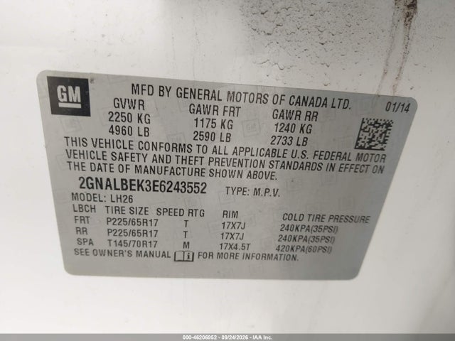 2014 Chevrolet Equinox Lt მანქანა იყიდება აუქციონზე, vin: 2GNALBEK3E6243552, აუქციონის ნომერი: 46206952