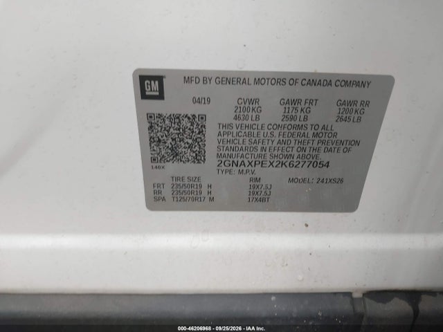 46206968 :رقم المزاد ، 2GNAXPEX2K6277054 vin ، 2019 Chevrolet Equinox Premier مزاد بيع