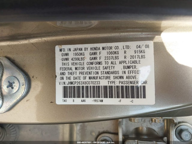 Aukcja sprzedaży 2008 Honda Accord Sdn Lx, vin: JHMCP263X8C070233, numer aukcji: 46207001