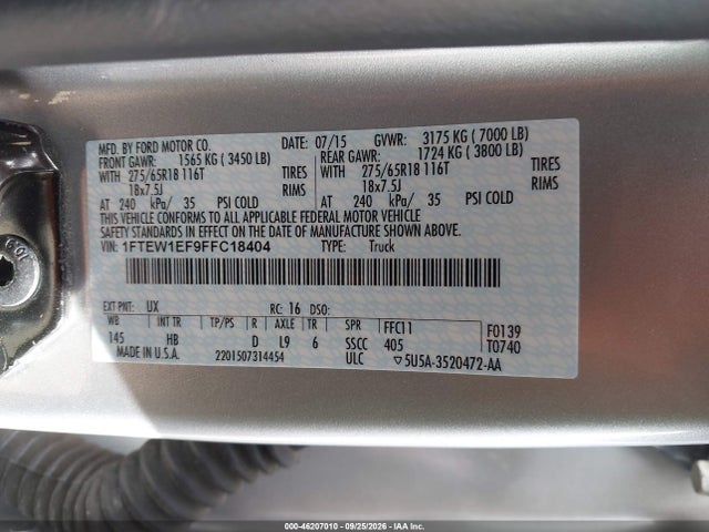 2015 Ford F-150 Lariat მანქანა იყიდება აუქციონზე, vin: 1FTEW1EF9FFC18404, აუქციონის ნომერი: 46207010