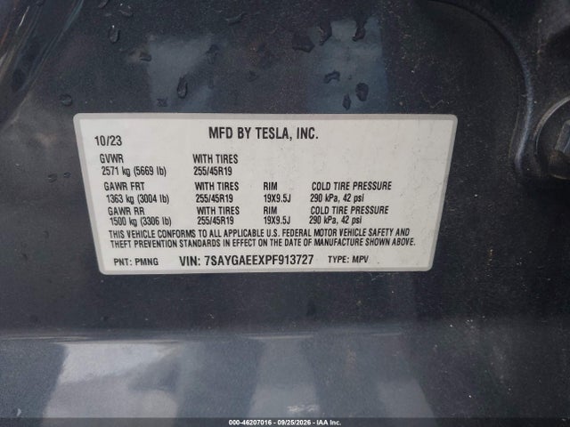46207016 :رقم المزاد ، 7SAYGAEEXPF913727 vin ، 2023 Tesla Model Y Awd/long Range مزاد بيع
