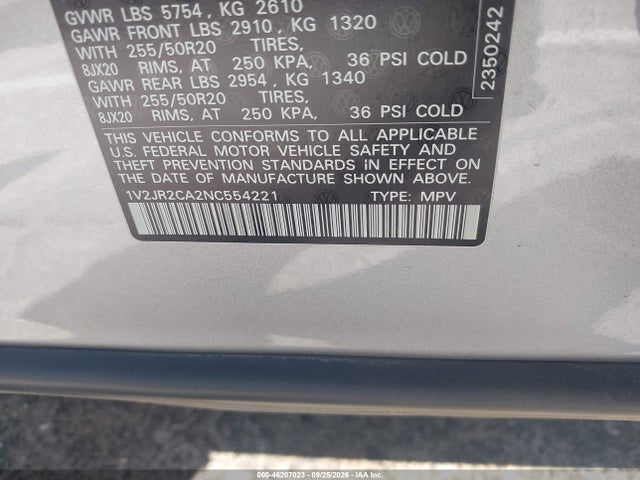 Aukcja sprzedaży 2022 Volkswagen Atlas 3.6l V6 Se W/technology, vin: 1V2JR2CA2NC554221, numer aukcji: 46207023