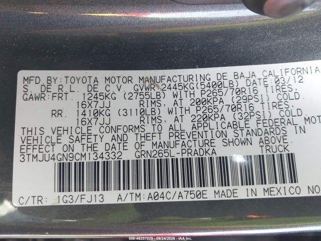 Продаж на аукціоні авто 2012 Toyota Tacoma Prerunner, vin: 3TMJU4GN9CM134332, номер лоту: 46207029