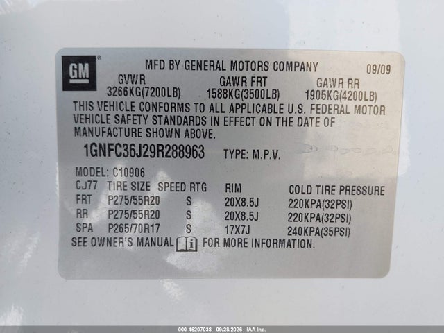 Aukcja sprzedaży 2009 Chevrolet Suburban Ltz, vin: 1GNFC36J29R288963, numer aukcji: 46207038