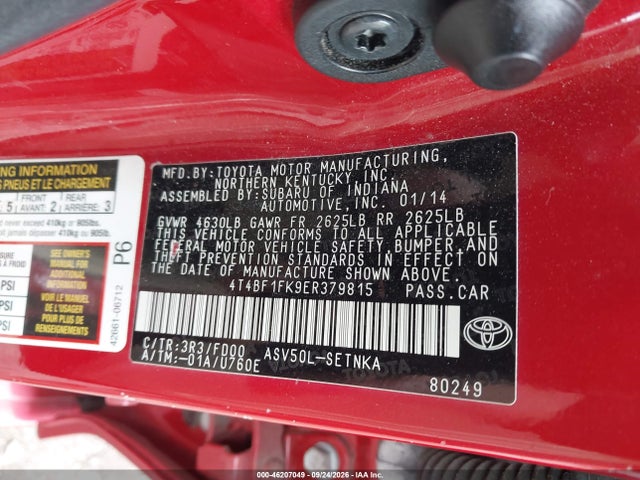 46207049 :رقم المزاد ، 4T4BF1FK9ER379815 vin ، 2014 Toyota Camry Le مزاد بيع