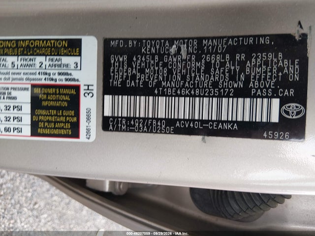 Продаж на аукціоні авто 2008 Toyota Camry Le, vin: 4T1BE46K48U235172, номер лоту: 46207059