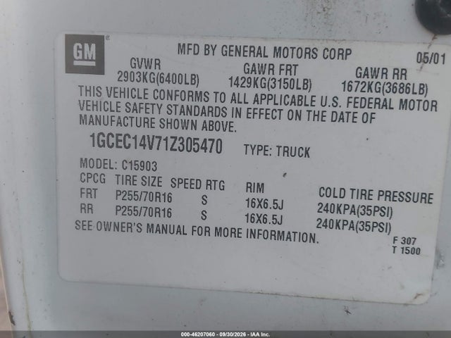 Aukcja sprzedaży 2001 Chevrolet Silverado 1500, vin: 1GCEC14V71Z305470, numer aukcji: 46207060