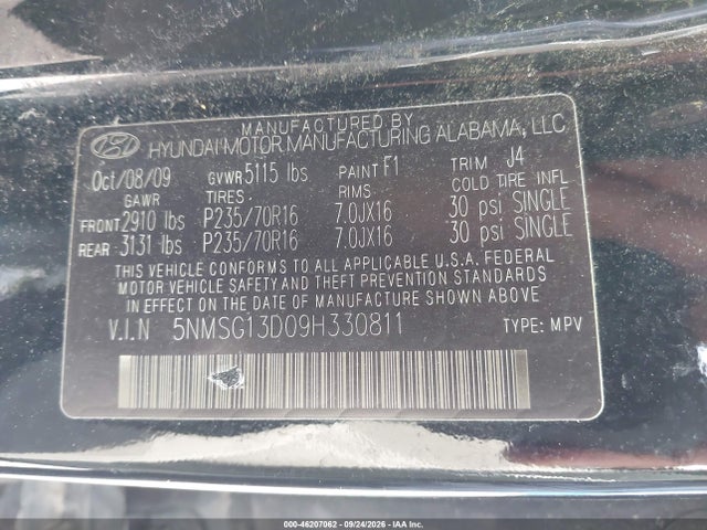 Продажа на аукционе авто 2009 Hyundai Santa Fe Gls, vin: 5NMSG13D09H330811, номер лота: 46207062