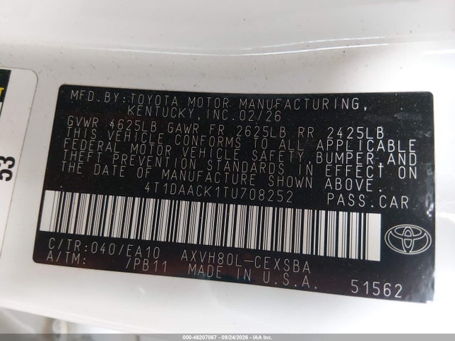 Продажа на аукционе авто 2026 Toyota Camry Se, vin: 4T1DAACK1TU708252, номер лота: 46207067