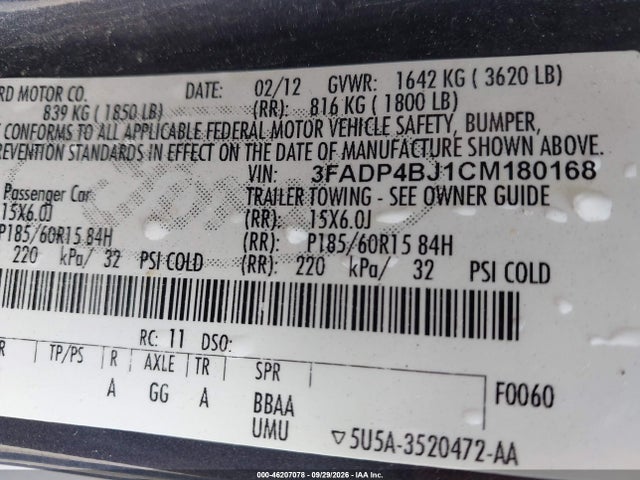 2012 Ford Fiesta Se მანქანა იყიდება აუქციონზე, vin: 3FADP4BJ1CM180168, აუქციონის ნომერი: 46207078