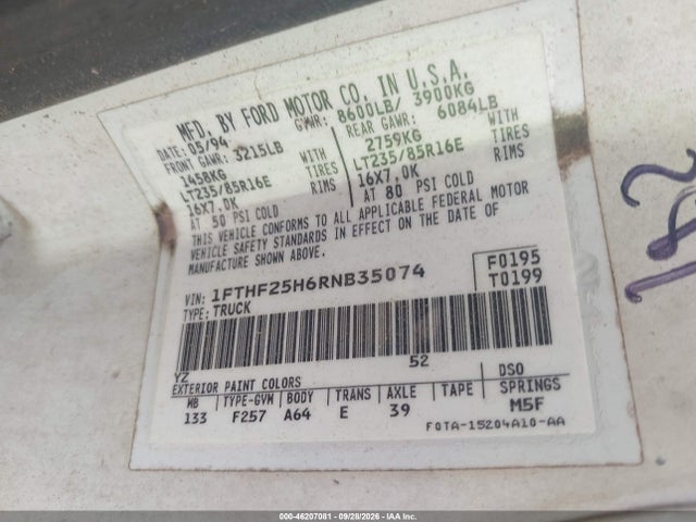 Aukcja sprzedaży 1994 Ford F250, vin: 1FTHF25H6RNB35074, numer aukcji: 46207081