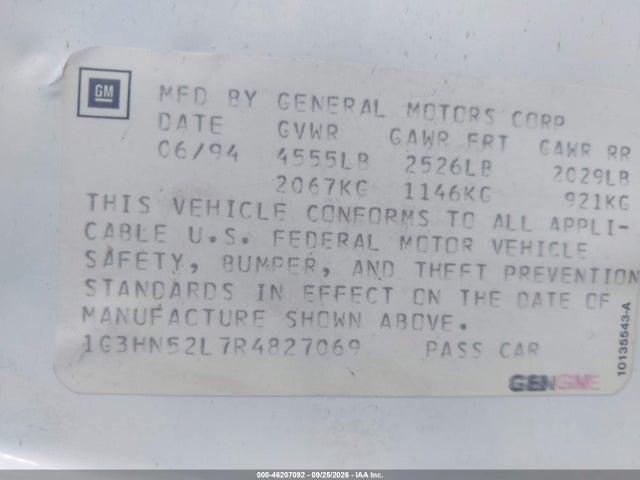 46207092 :رقم المزاد ، 1G3HN52L7R4827069 vin ، 1994 Oldsmobile 88 Royale مزاد بيع