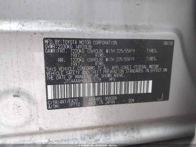 46207100 :رقم المزاد ، JTEAAAAH6MJ003038 vin ، 2021 Toyota Venza Xle مزاد بيع