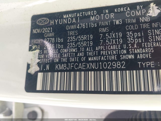 46207105 :رقم المزاد ، KM8JFCAEXNU102982 vin ، 2022 Hyundai Tucson N Line مزاد بيع