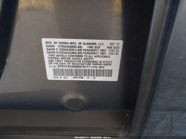 2011 Honda Pilot Ex-l მანქანა იყიდება აუქციონზე, vin: 5FNYF4H50BB079117, აუქციონის ნომერი: 46207111