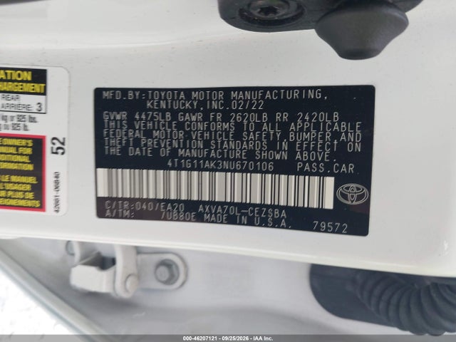 Продаж на аукціоні авто 2022 Toyota Camry Se, vin: 4T1G11AK3NU670106, номер лоту: 46207121