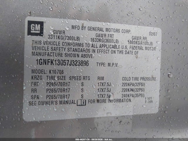 Продаж на аукціоні авто 2007 Chevrolet Tahoe Lt, vin: 1GNFK13057J323896, номер лоту: 46207135