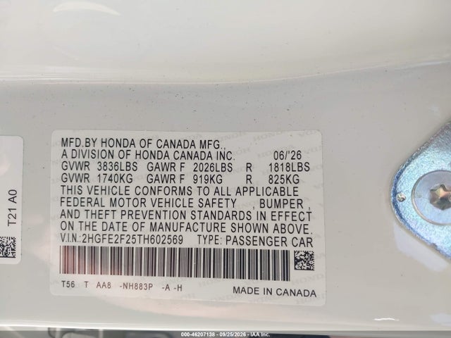 Honda Civic Lx 2026 2HGFE2F25TH602569 Image 9