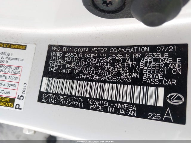 Aukcja sprzedaży 2021 Lexus Ux 250h, vin: JTHP9JBH9M2052393, numer aukcji: 46207140