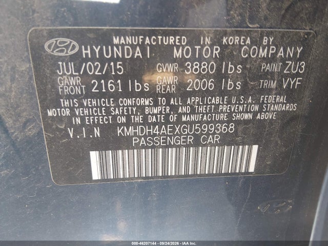 Продаж на аукціоні авто 2016 Hyundai Elantra Se, vin: KMHDH4AEXGU599368, номер лоту: 46207144