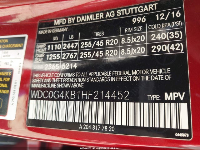 Продаж на аукціоні авто 2017 Mercedes-benz Glc 300 4matic, vin: WDC0G4KB1HF214452, номер лоту: 46207145