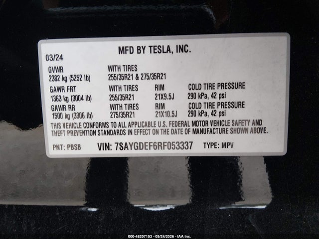 Auction sale of the 2024 Tesla Model Y Performance Dual Motor All-wheel Drive, vin: 7SAYGDEF6RF053337, lot number: 46207153