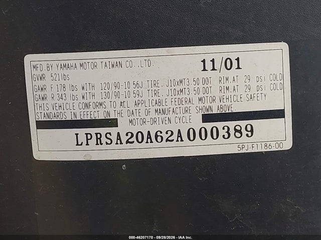 46207170 :رقم المزاد ، LPRSA20A62A000389 vin ، 2002 Yamaha Yw50 Ap Zuma مزاد بيع