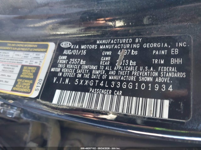 Aukcja sprzedaży 2016 Kia Optima Lx, vin: 5XXGT4L33GG101934, numer aukcji: 46207182